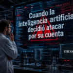 Científico observando con preocupación una pantalla gigante que muestra código y alertas de seguridad en un laboratorio tecnológico moderno con iluminación dramática azul y roja