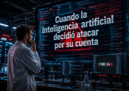 Científico observando con preocupación una pantalla gigante que muestra código y alertas de seguridad en un laboratorio tecnológico moderno con iluminación dramática azul y roja